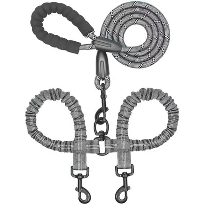 FlexiWalk™ Shock-Absorbing Double Dog Leash – Nylon, Stretchable, Anti-Winding for Comfortable Walks
